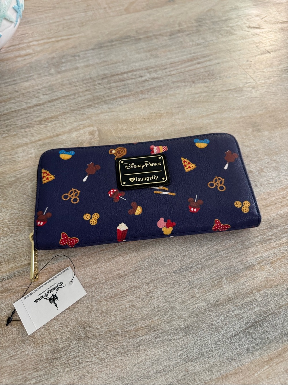Loungefly Navy Disney Parks Snack Print Zip Wallet with Gold Plaque